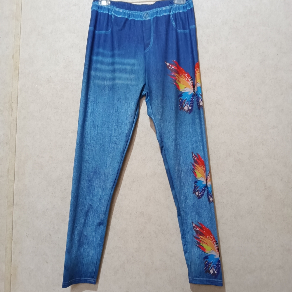 Faux denim butterfly stretch leggings size 30 in. waist